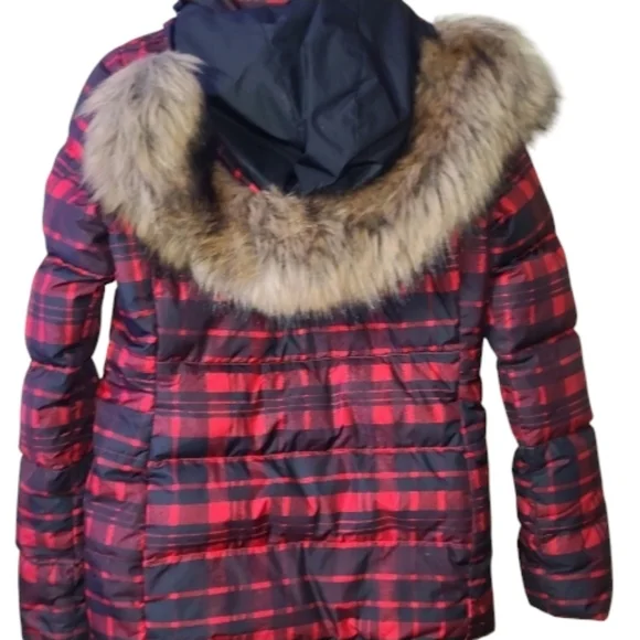 The North Face Gotham Red Plaid Puffer Jacket With Faux Fur Hooded Trim Large - Picture 6 of 8